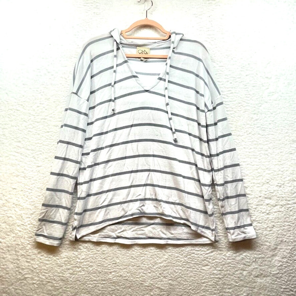 Chaser Womens Hoodie Large Gray White Striped Pullover Knit Athletic Stretch - Picture 1 of 12